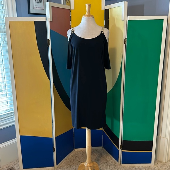 MICHAEL Michael Kors Dresses & Skirts - NWT “Michael Kors” black mini dress w/ gold chain and leather sleeve trim